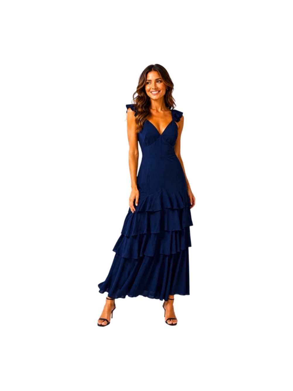 Lulus Navy Seren Ruffle Shoulder Tiered Maxi Dress Medium